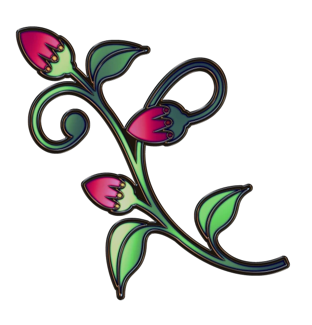 a pink flower with green leaves on a black background, a digital rendering, art nouveau, cutie mark, tulips, twisting organic tendrils, with fluo colored details