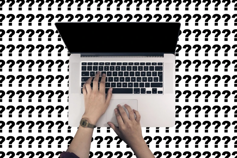 a person typing on a laptop surrounded by question marks, by Robbie Trevino, white background : 3, background image, custom, studio photo