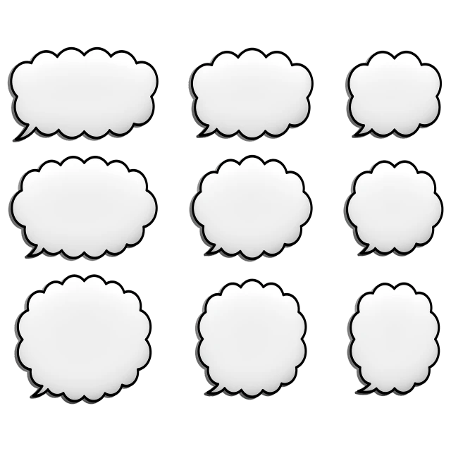 a set of white speech bubbles on a black background, concept art, volumetric clouds, flash photo