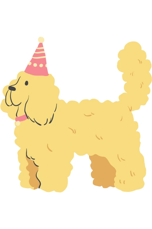 a cartoon poodle dog wearing a party hat, an illustration of, sōsaku hanga, with long blond hair, extremely life like, tail slightly wavy, yellow
