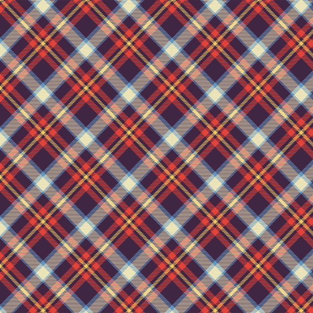 a plaid pattern in red, yellow and blue, inspired by Steve Argyle, diagonal lines, flannel, dark blue and red, no grid lines