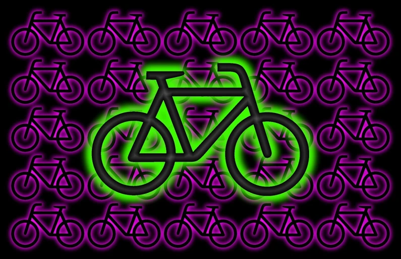 a neon image of a bicycle on a black background, a digital rendering, synchromism, green and purple, in a shapes background, wallpaper!, warning