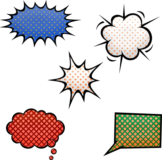 four different types of speech bubbles on a black background, by Leon Polk Smith, pop art, high res photo, thunder, polka dot, cut-scene