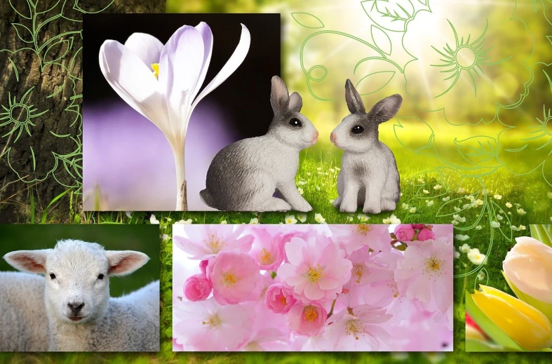 a collage of pictures of animals and flowers, a picture, romanticism, easter, ((photorealistic)), friends, clipart