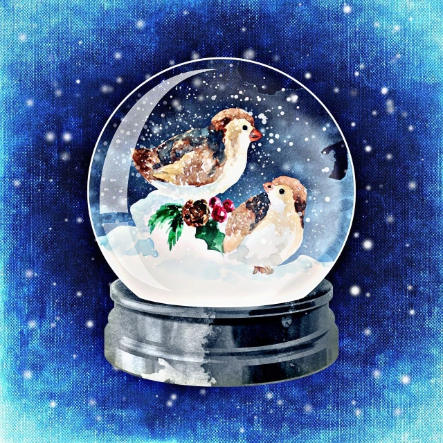 a snow globe with two birds inside of it, an illustration of, fantastic realism, painterly illustration, card, an illustration, celebration