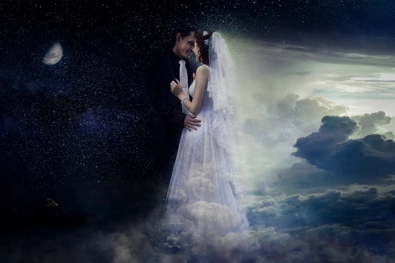 a bride and groom standing in front of a full moon, a picture, romanticism, floating in the cosmos nebula, photo - manipulation, fog and starry skies, cloud goddess