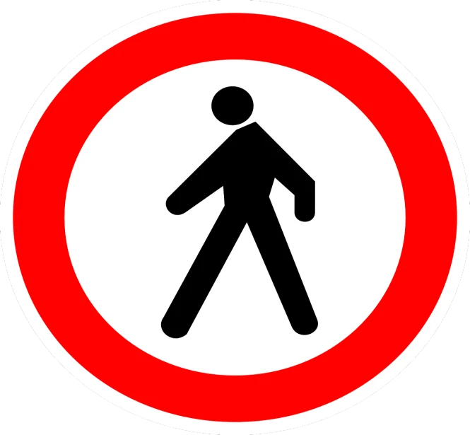 a red and white sign with a man walking across it, by Zoran Mušič, pixabay, antipodeans, round, black man, without helmet, highly no detailed