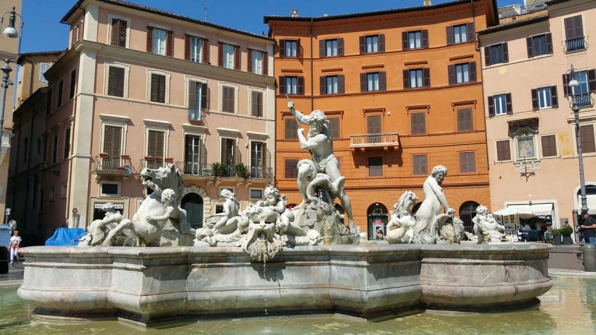 a group of statues sitting on top of a fountain, a statue, inspired by Gian Lorenzo Bernini, the vibrant echoes of the market, seen from the side, sunken square, terracotta