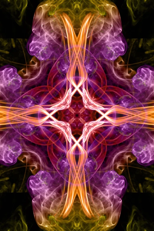 a purple and yellow abstract design on a black background, digital art, flickr, symmetrical epic fantasy art, fire stainglass, orange and purple electricity, magical and alchemical weapons