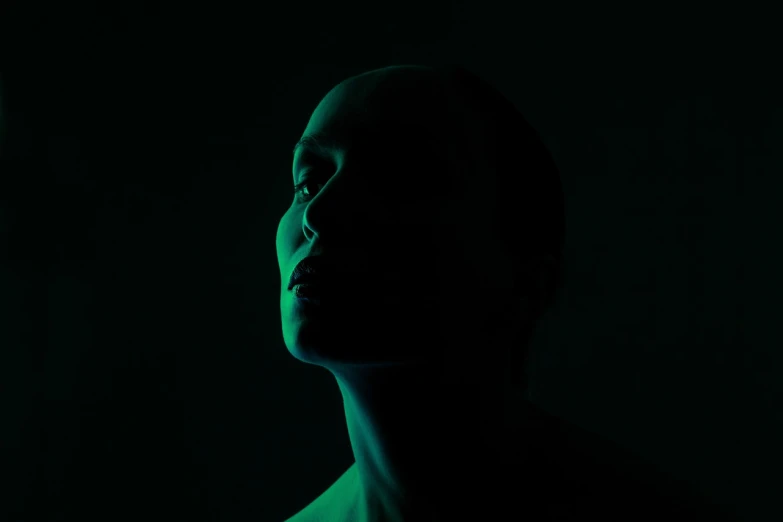 a close up of a person in a dark room, a portrait, by Anna Füssli, green neon, profile posing, low angle photo, backlight glow