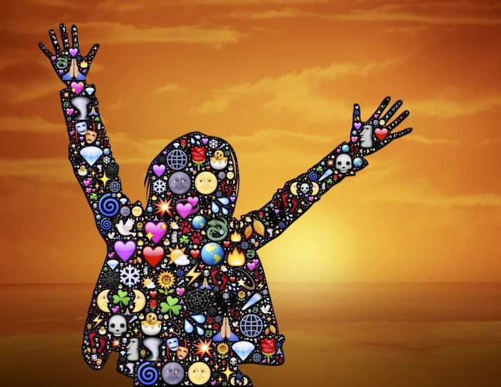 a person with their hands up in the air, digital art, by Alison Watt, pixabay contest winner, digital art, floating symbols and crystals, many treasures, woman silhouette, digital art emoji collection