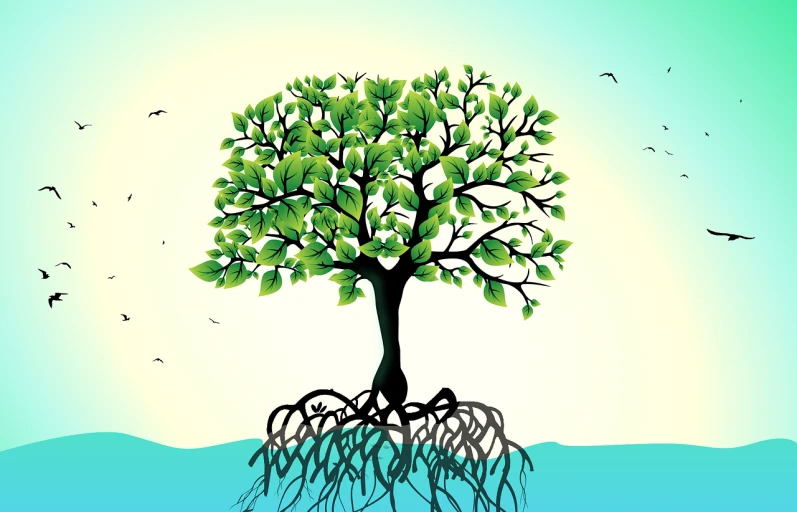 a tree that is growing out of the ground, an illustration of, by Whitney Sherman, shutterstock, roots underwater, birds and trees, the tree is on top of a calm sea, ancestors and future