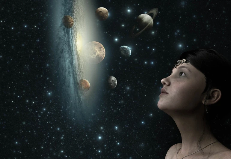 a woman looking up at planets in the sky, a picture, magical and mystical, multiverse!!!!!!, floating planets and moons, planet