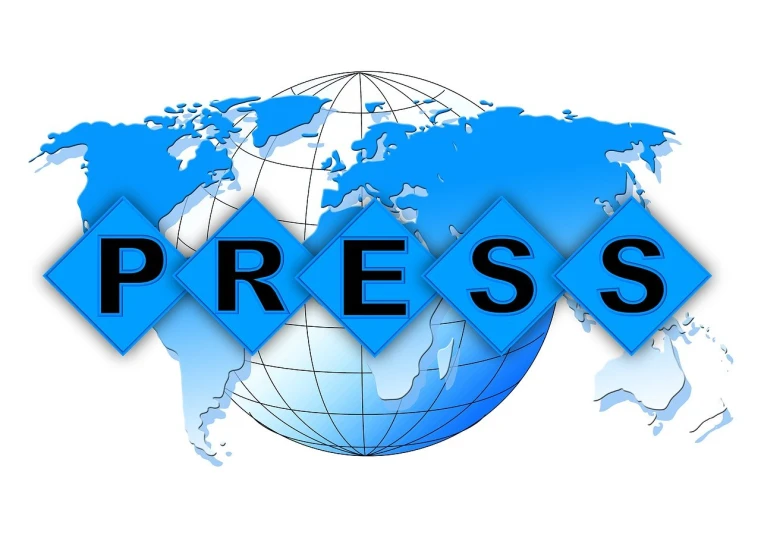 a blue sign that says press with a world map in the background, a digital rendering, trending on pixabay, private press, splash page, dress, stock photo, rounded logo