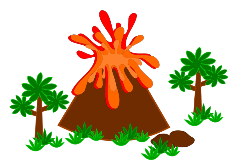 a volcano with lava spewing out of it, a cave painting, naive art, !!! very coherent!!! vector art, palm, claymation style, an explosion of colors