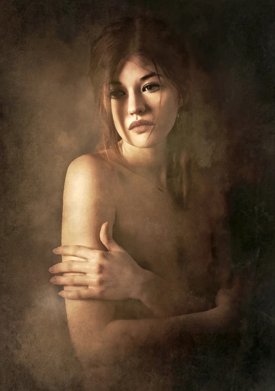 a woman that is posing for a picture, inspired by Bastien L. Deharme, studio light photo realism, partially covered with dust, wistful bosom, portrait sophie mudd