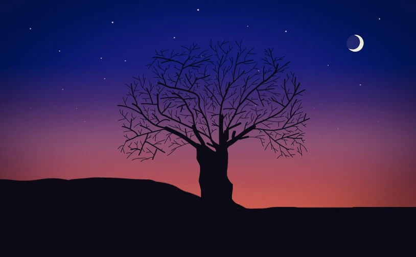 a silhouette of a tree with the moon in the background, vector art, inspired by Aaron Douglas, romanticism, background image, dark desert background, with gradients, stars in background