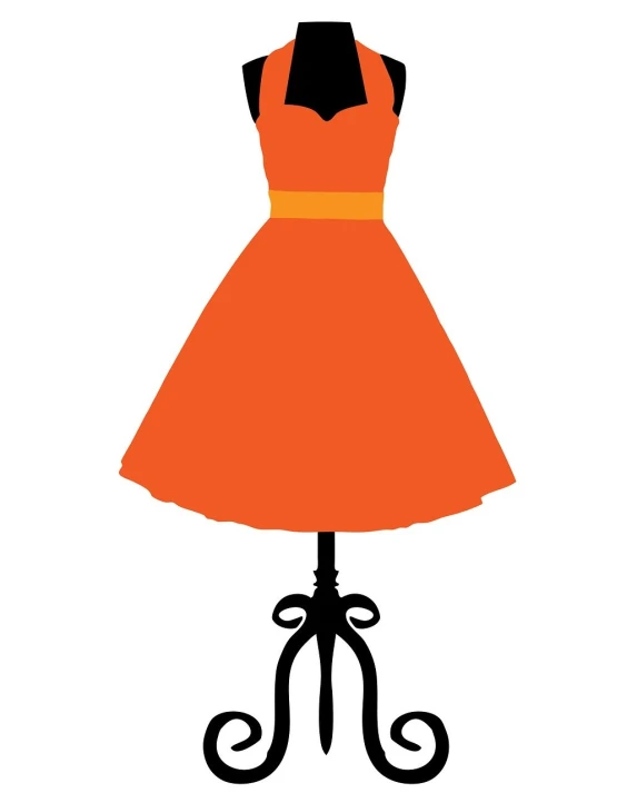 an orange dress on a mannequin stand, a cartoon, inspired by Gina Pellón, pixabay, conceptual art, rockabilly style, black silhouette, istockphoto, maid dress