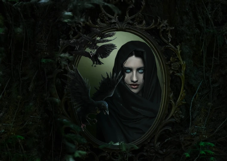 a woman that is standing in front of a mirror, a picture, inspired by Samuel Hieronymus Grimm, deviantart contest winner, gothic art, among ravens, portrait of a forest mage, circle of the crone, profile pic