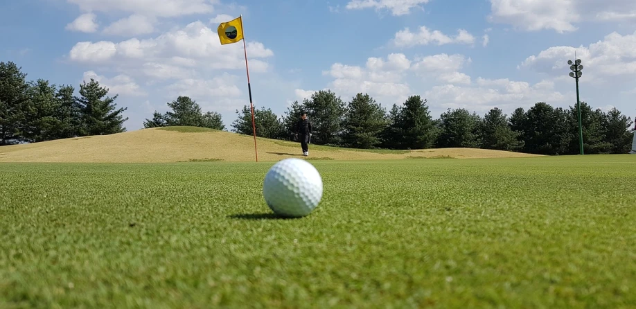 a golf ball sitting on top of a green field, a picture, pixabay, figuration libre, green and yellow, green flag, shot from behind, photo taken with nikon d 7 5 0