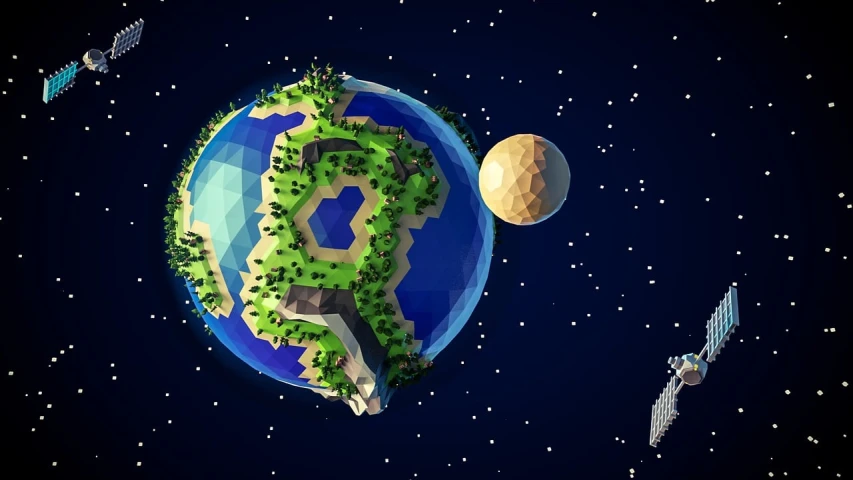 a computer generated image of a planet in space, a low poly render, by Adam Rex, pixel art, creeper world, to the moon, incredible isometric screenshot, earth globe on top