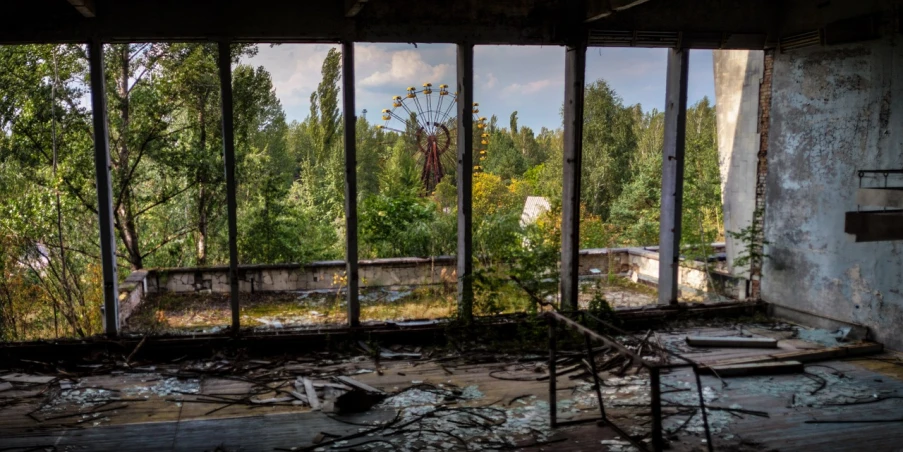 a room filled with lots of windows next to a forest, a portrait, flickr, nuclear art, ukraine. photography, ferris wheel, broken toys are scattered around, with a few vines and overgrowth