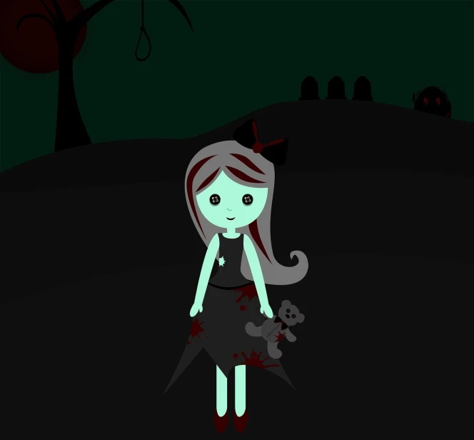 a cartoon girl in a black dress holding a teddy bear, inspired by Mab Graves, deviantart contest winner, green and red radioactive swamp, hd screenshot, limbo game, she has pale blue skin!!!