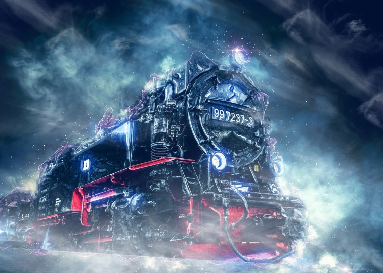 a close up of a train on a train track, a detailed matte painting, by Ludwik Konarzewski, shutterstock contest winner, graffiti, in clouds of smoke, high quality fantasy stock photo, nighttime, polar express