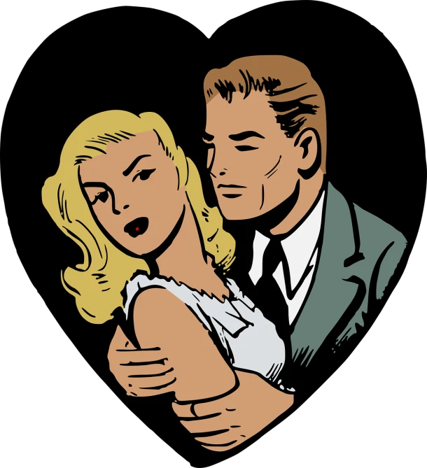 a man and a woman hugging each other, pop art, classic film noir scene, full color illustration, blonde and attractive features, in this ominous scene