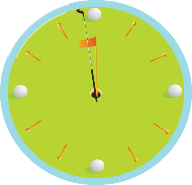 a clock with golf balls and a flag on it, inspired by Shirley Teed, pixabay, chartreuse and orange and cyan, bottom angle, a dark, cane