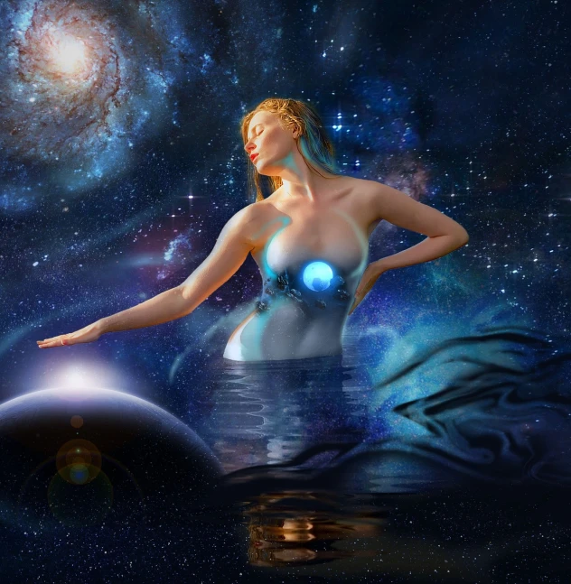 a woman that is standing in the water, digital art, inspired by Tim Hildebrandt, fantasy art, dressed in stars and planets, surreal 3 d render, full figured mother earth, high quality fantasy stock photo