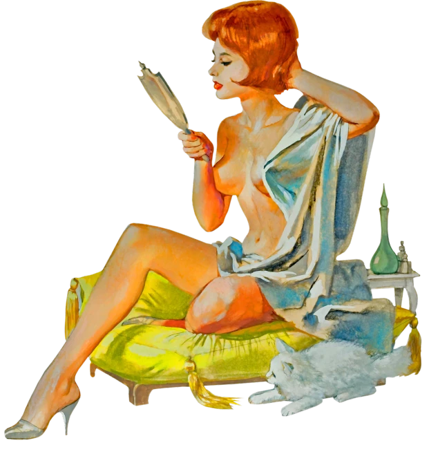 a painting of a woman sitting on a chair holding a mirror, an illustration of, by Art Fitzpatrick, flickr, 5 0 s pulp illustration, short redhead, bunny, by jim bush and ed repka