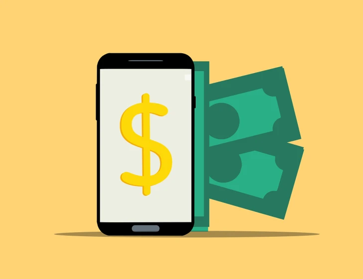 a cell phone with a dollar sign on the screen, a digital rendering, by Android Jones, shutterstock, flat color, dollar bank notes, simple and clean illustration, smooth illustration