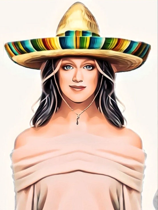 a painting of a woman with a sombren on her head, vector art, by Dave Arredondo, trending on tumblr, katy perry wearing old clothes, wearing sombrero, as cristina kirchner, retouched in photoshop