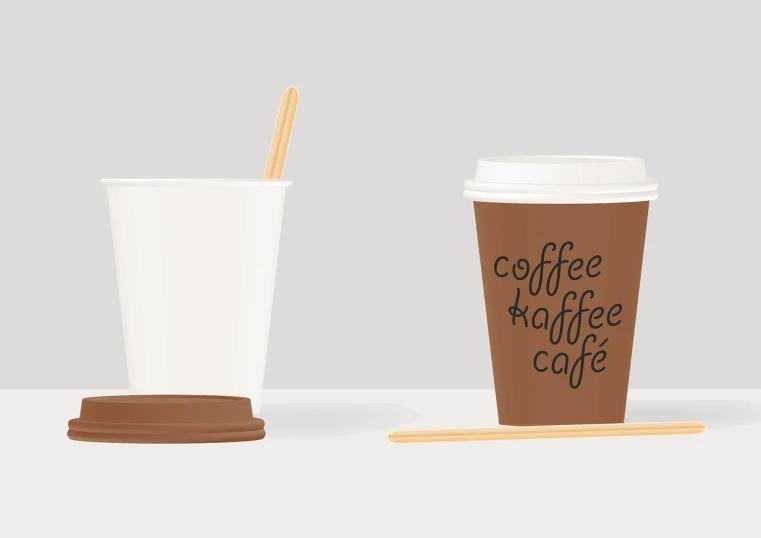 a cup of coffee with a straw next to it, a digital rendering, by jeonseok lee, shutterstock, wood cups, very minimal vector art, on a pale background, packaging