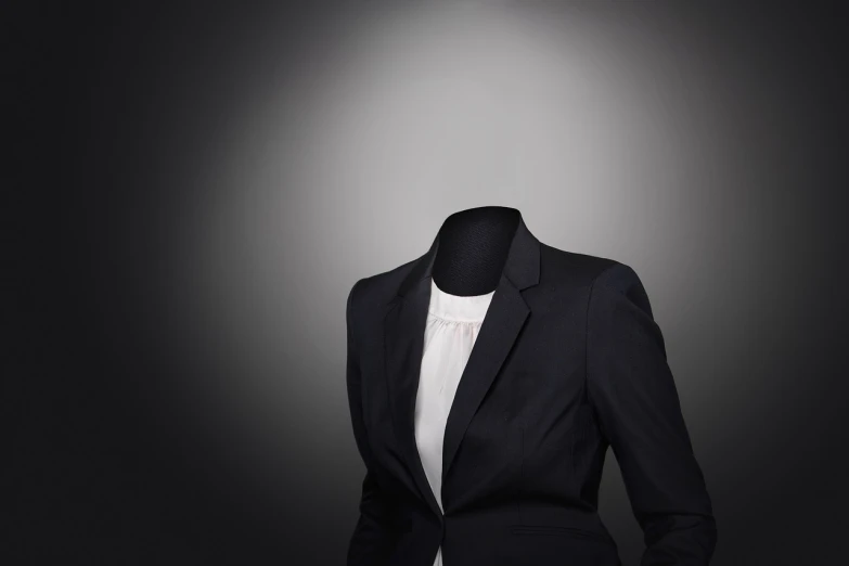 a mannequin wearing a black suit and white shirt, a photo, minimalism, covered face, product photo, womanhood”, funny professional photo