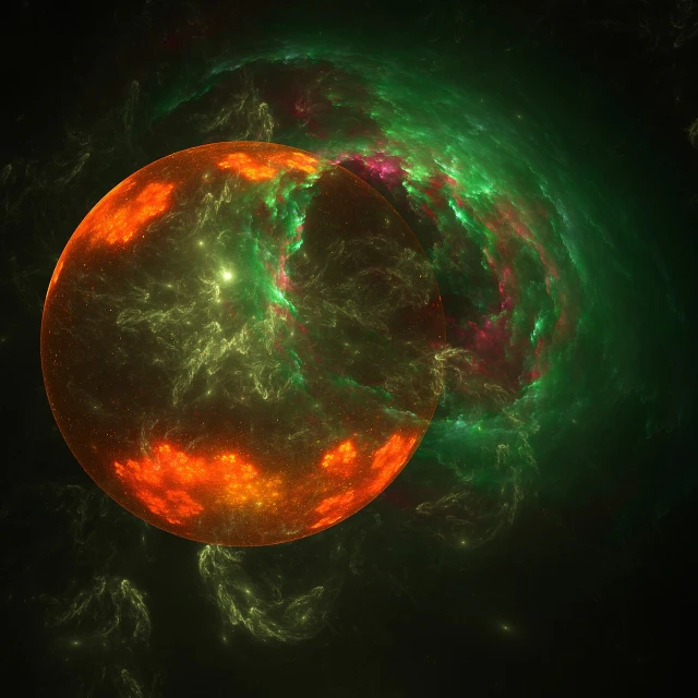 a bright orange ball surrounded by green and red smoke, digital art, space art, fantasy 3 d render, eel nebula, distant light from a far sun, space photo