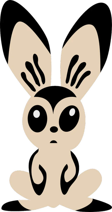 a cartoon bunny sitting on the ground, vector art, inspired by Shūbun Tenshō, mingei, large black eyes!!!, alien owl, high res photo, minimalist vector art