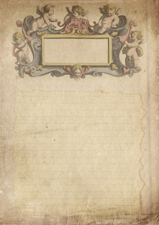 an old paper with a picture of angels on it, inspired by Alessandro Allori, tumblr, baroque, blank, with labels and notes, whole page illustration, paper border