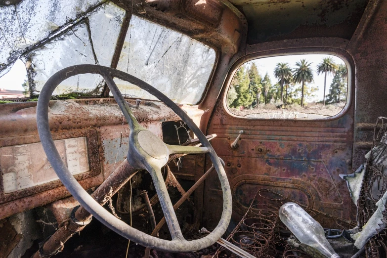 an old rusted out car with a steering wheel, by Arnie Swekel, los angeles, view from inside, very wide view, palm