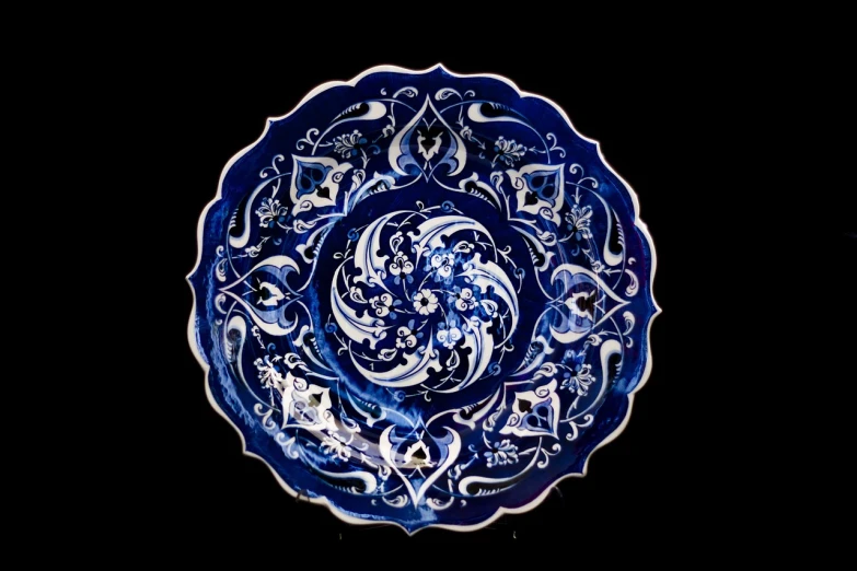 a blue and white plate sitting on top of a table, by Kamāl ud-Dīn Behzād, flickr, mixture turkish and russian, high detail product photo, highly detailed saturated, highly detailed product photo