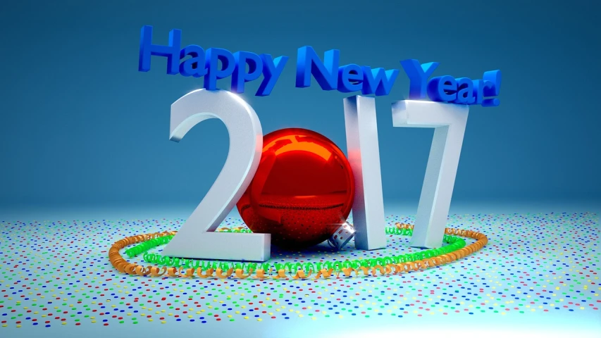 a red ball sitting on top of a table next to a happy new year sign, a digital rendering, by Nancy Carline, cinema 4d multi-pass ray traced, 2 0 1 7, blue colors with red accents, avatar image