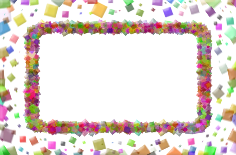 a colorful frame surrounded by confetti sprinkles on a black background, a pastel, computer art, abstract blocks, [ floating ]!!, floating crystals, distant photo