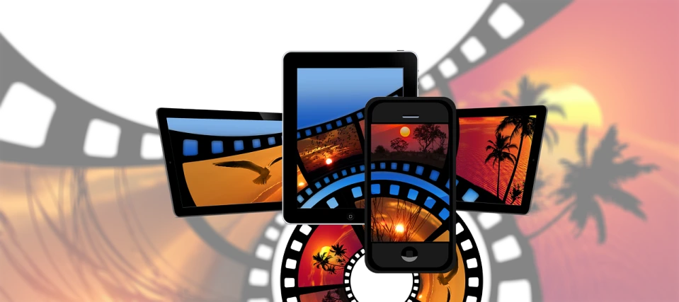 a cell phone sitting on top of a film strip, a picture, by Randy Post, shutterstock, video art, sun set, many screens, splash image, portal