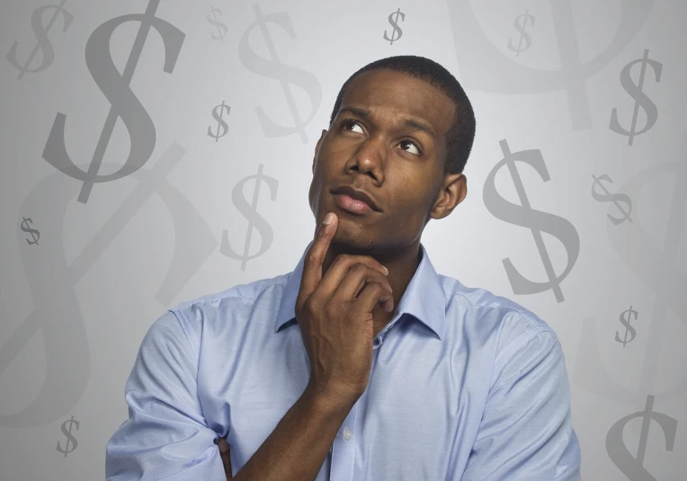 a man standing in front of a lot of dollar signs, pointed chin, istockphoto, gray men, black man