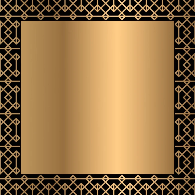 a gold metal plate on a black background, art deco, stylized border, lattice, serene, light brown background