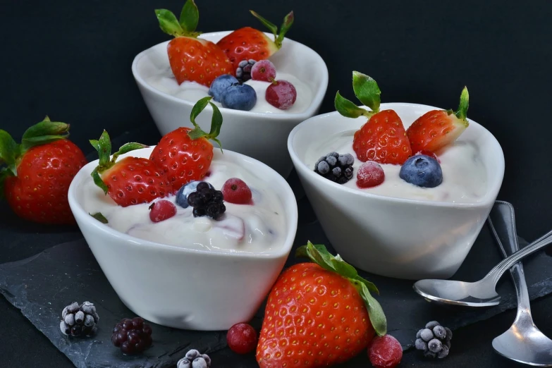 three bowls of yogurt with strawberries and blueberries, by Franz Hegi, pixabay, renaissance, sfw version, small, pods, hips