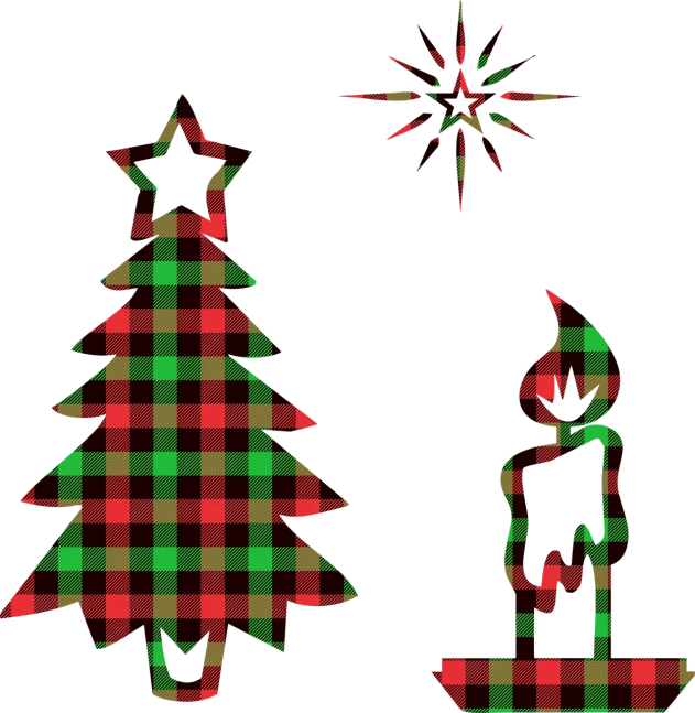 a couple of christmas trees sitting next to each other, a digital rendering, folk art, tartan garment, silhouette :7, on a flat color black background, epiphany