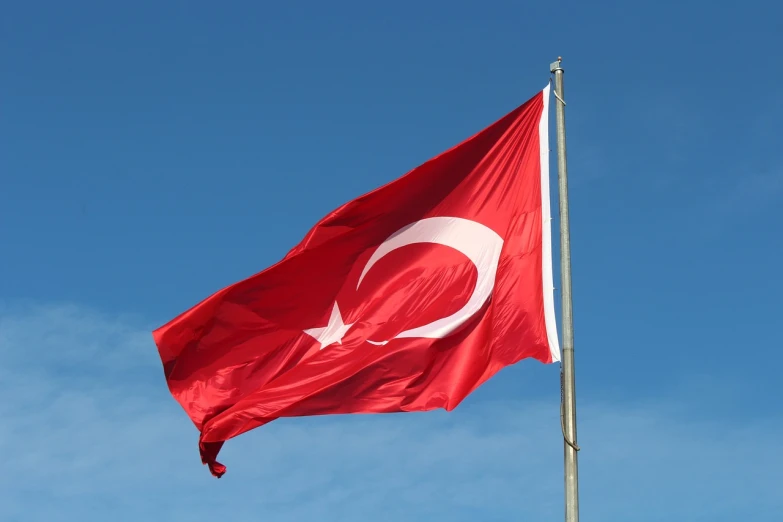 a red and white turkish flag blowing in the wind, a picture, hurufiyya, istockphoto, blue sky, benjamin vnuk, goose