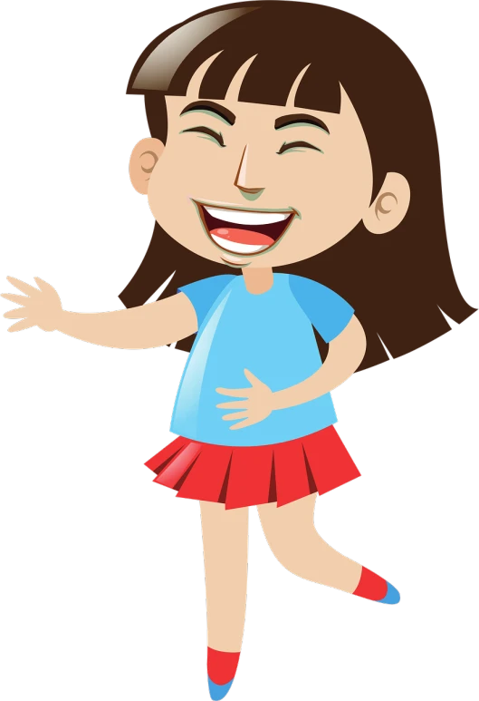 a little girl in a blue shirt and red skirt, an illustration of, pixabay, mingei, laughing and joking, young asian girl, full_body!!, welcoming grin